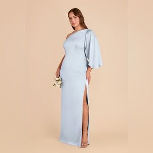 Birdy Grey Christine One-Shoulder Dress Matte Satin Mist Blue Size 0X (16) NWT